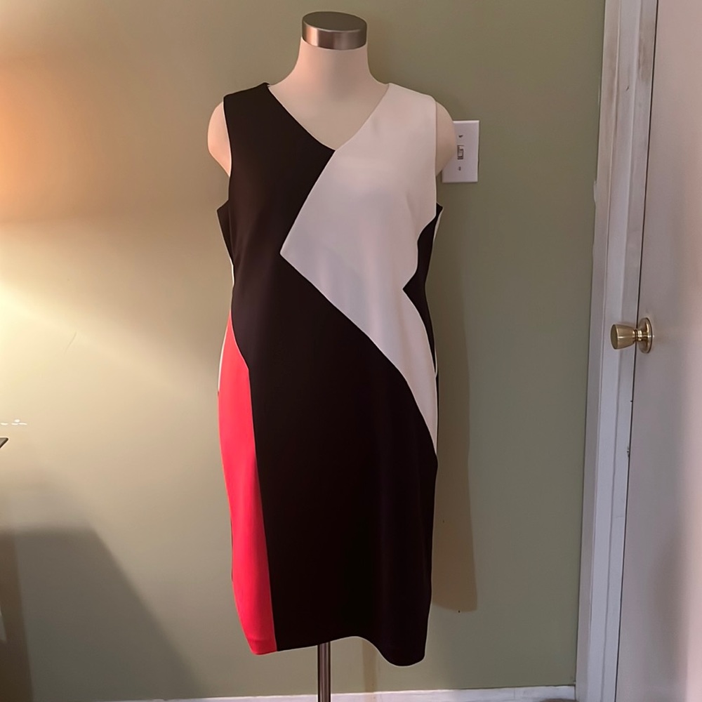Calvin Klein Dress, Sleeveless, Color Block (Black, White, Red), 16W